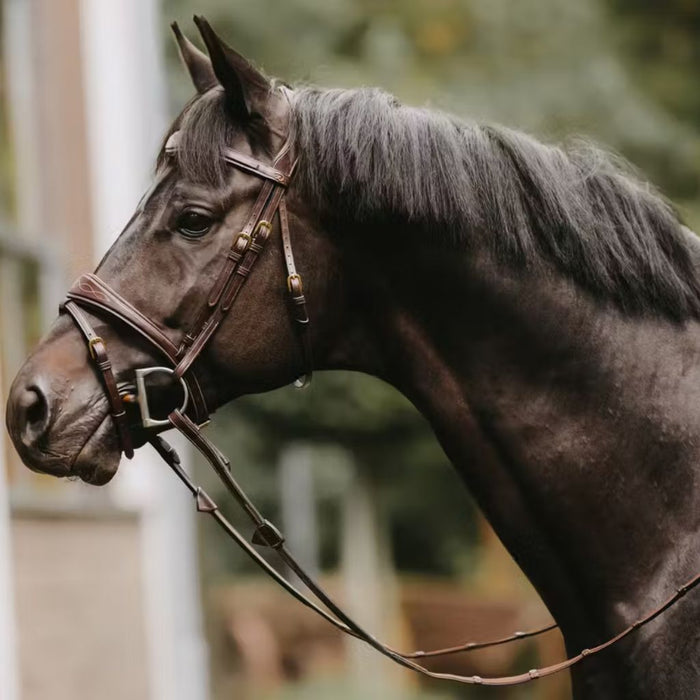 Dyon D Collection Hunter Rubber Reins 5/8" with 7 Leather Stops; rubber lined inside, brass hardware, cream stitching